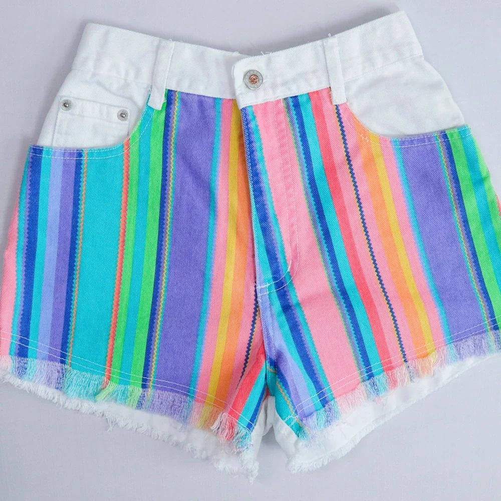 Vintage‎ 90s Steel Jeans Denim Shorts Womens 7 White Rainbow Stripe Fringe USA